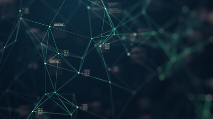 Abstract connected dots and lines. Concept of AI technology, Motion of digital data flow. Communication and technology network concept with moving lines and dots. 3D rendering