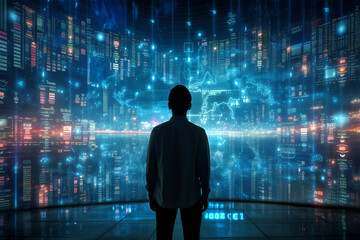 The silhouette of a person standing in front of a large digital screen with a global data flow showing various cyber threats and vulnerabilities, Generative AI