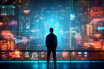 The silhouette of a person standing in front of a large digital screen with a global data flow showing various cyber threats and vulnerabilities, Generative AI