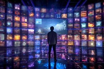 Fototapeta premium The silhouette of a person standing in front of a large digital screen with a global data flow showing various cyber threats and vulnerabilities, Generative AI