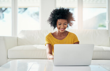 Obraz na płótnie Canvas Laptop, smile and relax with black woman in living room for planning, website and remote worker. Blog, networking and social media with female freelancer at home for email, technology and internet