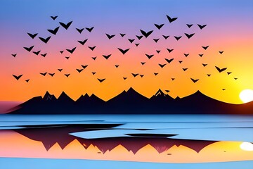 Dramatic illustration of a flock of birds flying over the sea in the sunset sky with mountains in the background. 