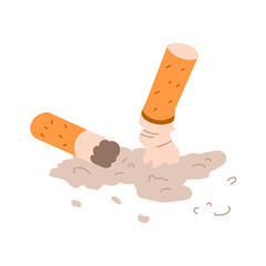 Two cigarette butts crumpled in a pile of ashes. Illustrations on the theme of tobacco smoking. Bad habits, unhealthy lifestyle. Vector object isolated on white background.