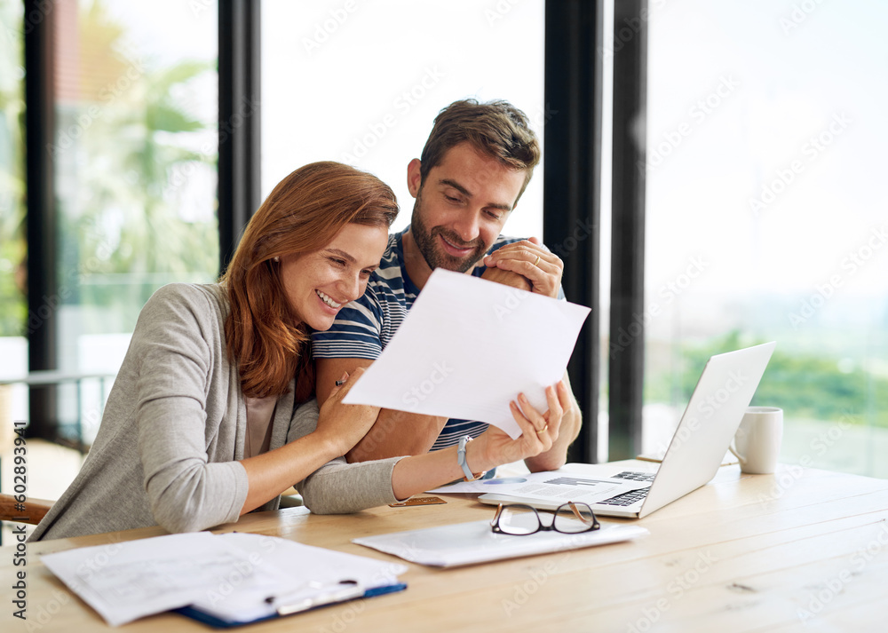 Poster Finance, couple and documents planning budget for tax, bills and savings on laptop with banking, online payment or investment. People, paperwork or happy conversation on financial strategy for growth