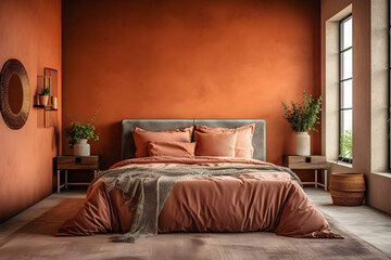 interior design bedrooom Natural Earth Tones: Warm earthy colors such as terracotta, ochre, burnt sienna, and deep greens These colors create a cozy and grounding ai generated art