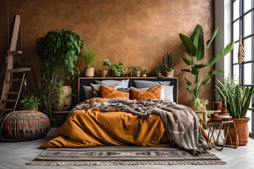 cozy bedroom interior design Natural Earth Tones: Warm earthy colors such as terracotta, ochre, burnt sienna, and deep greens These colors create a cozy and grounding ai generated art