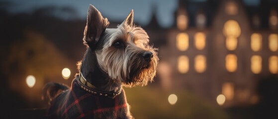 Portrait of white Scottish terrier dressed in tartan, with pride keeping watch over his beautiful old historic town at dusk - generative AI   - obrazy, fototapety, plakaty