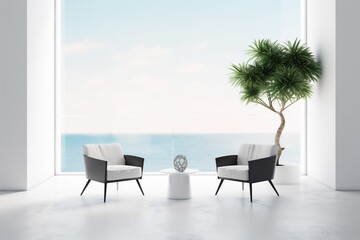 home window plant chair design floor indoor interior vase empty wall. Generative AI.