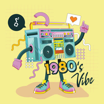 90's 80's Boombox Character Design with Memphis and Geometric Pattern Background Illustration