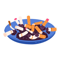 An ashtray ceramic or glass full of cigarette butts. Illustrations on the theme of tobacco smoking. Bad habits, unhealthy lifestyle. Vector object isolated on white background. © Larisa Vladimirova