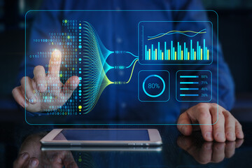 Data analytics and insights powered by big data and AI technologies. Data scientist analysing complex information with artificial intelligence for business analytics dashboard with charts and metrics.