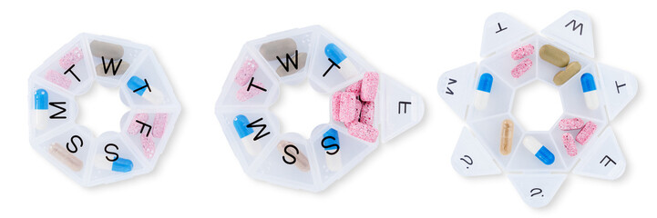 Set of colorful capsule pills in plastic box. Pharmaceutical industry. Healthcare and medicine....