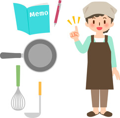 エプロンを着た女性とメモ帳、料理教室