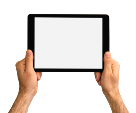 Isolated digital tablet in black color in a female hands, Blank screen of tablet.