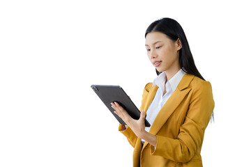 business women yellow suit in office hold tablet on white background.