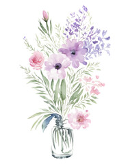 Wildflowers bouquet in a glass transparent vase, vector flowers isolated on white