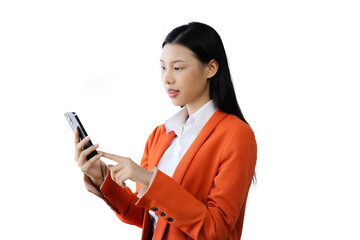 Cheerful Asian woman using smartphone and receiving good news from the message on mobile chat application isolated over white background.