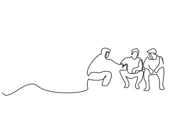 three men people chatting together outside in nature having a good time line art