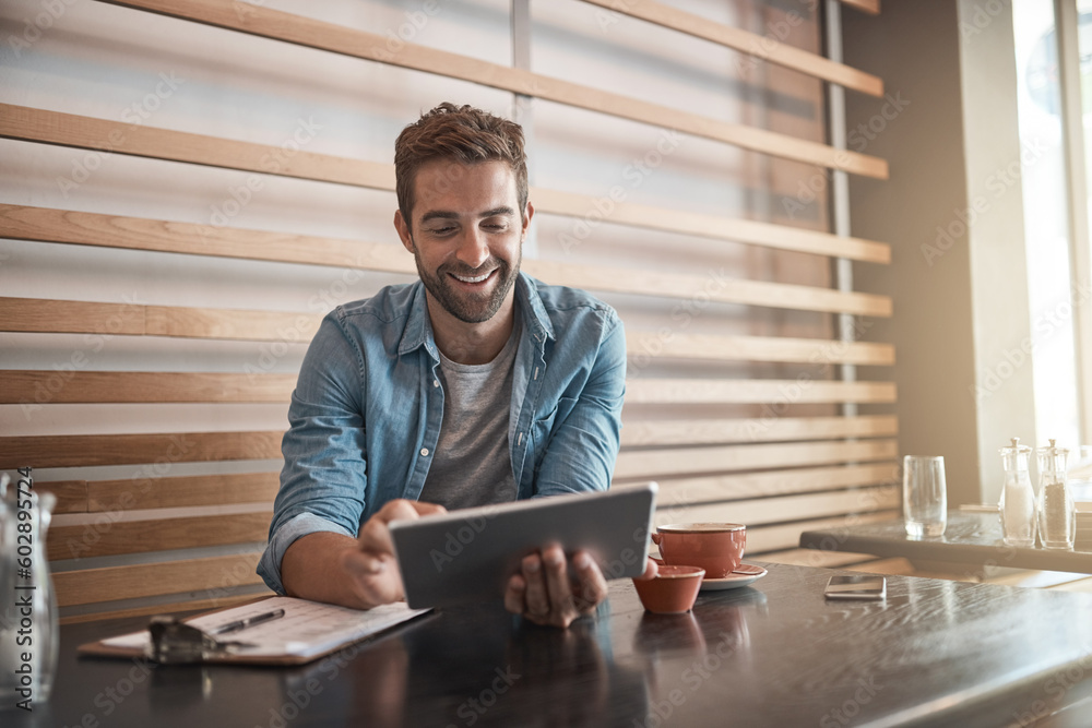 Poster smile, internet and a man with a tablet at a cafe for communication, connectivity and administration