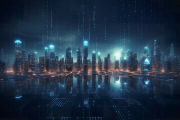 Futuristic digital city, matrix megapolis. Data transfer technology. Cyberpunk, Abstract technological background, bright neon lights
