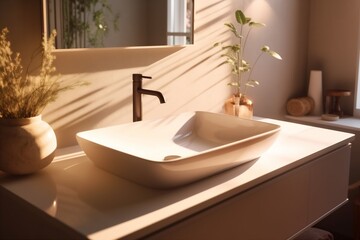 Naklejka na ściany i meble interior faucet sink design tile bathroom modern counter luxury house sunlight. Generative AI.