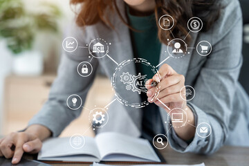 Digital transformation technology strategy, woman using laptop, tablet and smartphone with of...