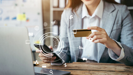 Closeup woman holding hand smartphone. Businessman use credit card online payments shopping touching screen mobile phone name numbers.