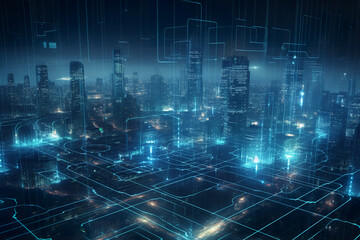 Fototapeta na wymiar Futuristic digital city, matrix megapolis. Data transfer technology. Cyberpunk, Abstract technological background, bright neon lights