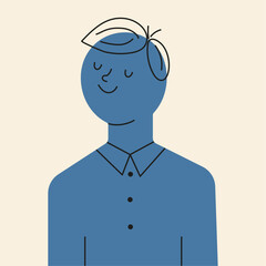 Man smiling in shirt silhouette blue with black outline. Flat style. Vector illustration.
