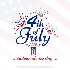 4th of July, independence day with firework symbols and pennant bunting on faded American flag background, vector template for banner, flyer, greeting card, poster.
