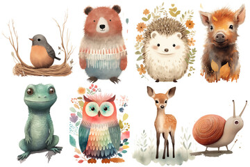 Watercolor set of Cute Baby roe deer, owl, wild boar, lizard, snail, bird, hedgehog, grizzly Safari Animals. Cartoon animal for decoration design. Cute animals vector set. Hand-drawn watercolor