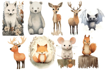 Watercolor set of Cute Baby deer, wolf, squirrel, elk, fox, bat, elk, mouse, bear Safari Animals. Cartoon animal for decoration design. Cute animals vector set. Hand-drawn watercolor illustration