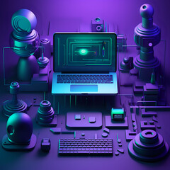 magine how to use artificial intellegence gadgets when your create social media content, photography, research, graphic design, text, purple, dark blue and green tones, minimalist, hyperrealistic, fut - obrazy, fototapety, plakaty