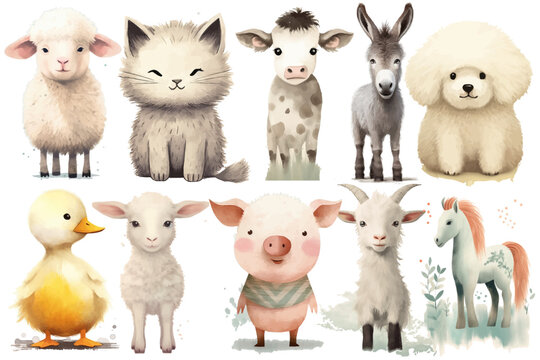 Watercolor set of Cute Baby cow, pig, goat, dog, sheep, horse, cat, lamb, donkey, duck Safari Animals. Cartoon animal for decoration design. Cute animals vector set. Hand-drawn watercolor illustration