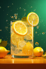 Juicy lemonade with ice and lemon slices, water drops, summer drink, sparkling water, Generative AI