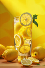 Juicy lemonade with lemon slices and mint leafs, yellow background, summer drink, sparkling water, Generative AI