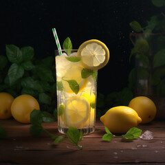 Fresh lemonade wilt lemon and mint, night in the garden, drink, cocktail, Generative AI