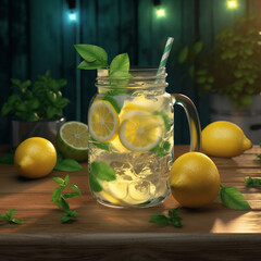 Fresh lemonade wilt lemon and mint, night in the garden, drink, cocktail, Generative AI