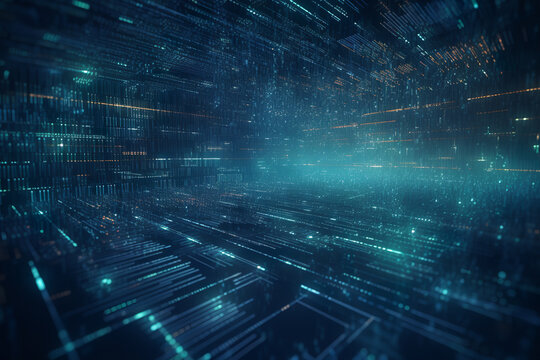Terabytes of binary code data flying in a stream of information. Wavy field of coded blockchains.