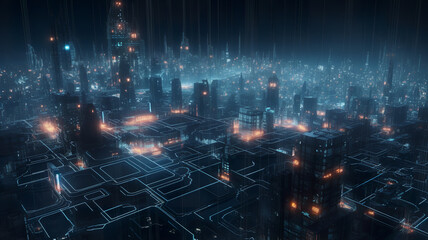 Obraz na płótnie Canvas Futuristic digital city, matrix megapolis. Data transfer technology. Cyberpunk, Abstract technological background, bright neon lights