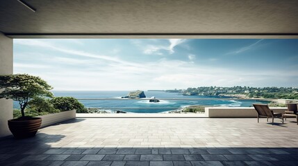 Fototapeta na wymiar view of the ocean from a beautiful minimalist terrace. generative ai