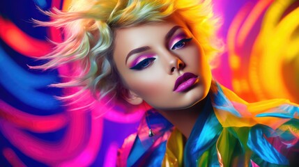 Obraz na płótnie Canvas Fashion portrait of model with creative vibrant color make-up. Generative AI