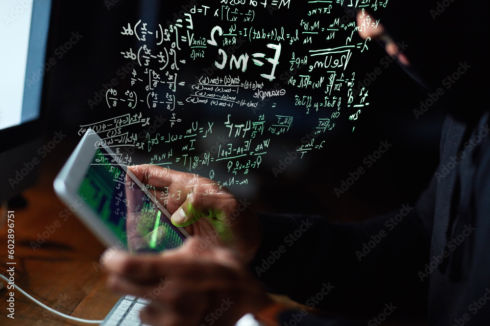 Poster Coding, man hands and tablet hacking, software malware and password code in dark room, night or math overlay. Online crime, cyber hacker or programmer person with digital technology and data hologram
