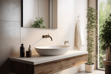 sink faucet modern counter interior marble sunlight luxury house bathroom design. Generative AI.