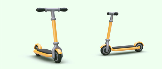 3D scooters from different angles. Three dimensional image of modern personal vehicle. Without environmental pollution. Color vector image for creating original design © ArtHub02