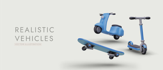 Modern vehicles in motion. Suspended moment. 3D illustrations of scooter, skateboard, moped. Front, side, bottom view. Template for advertising personal urban transport