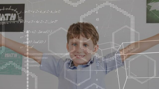 Animation of maths calculations and geometry over happy caucasian schoolboy in classroom