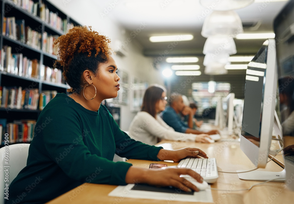 Poster college, woman and computer in library for learning, education and research website for knowledge. y