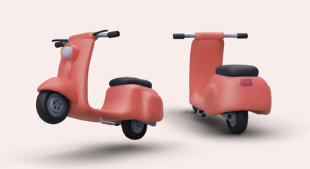 Set of red 3D motor scooters. Realistic mopeds from different angles. Modern maneuverable vehicle for everyday use. Illustration for service of delivery, rental and sale of scooters © ArtHub02