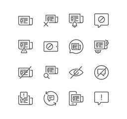 Set of fake news related icons, wrong information, propaganda, innappropriate content, newspaper, press and linear variety symbols.